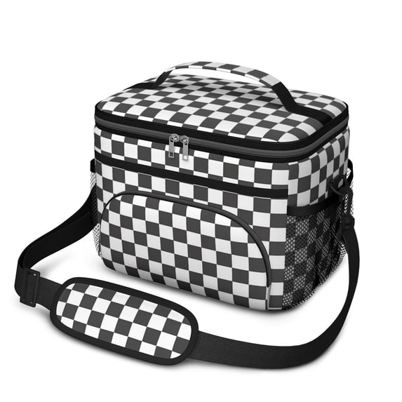 Black and White Checkered Pattern Insulated Lunch Box for Women Men, Medium Leakproof Cooler Bag with Adjustable Strap, 10"x6.7"x8"