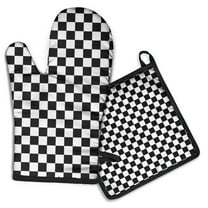 Black and White Checkered Pattern Kitchen Oven Mitt and Pot Holder Sets 2 Pcs for Baking, Cooking and Grilling, Heat Resistant Up To 392 °F