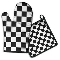 Black and White Checkered Pattern Kitchen Oven Mitt and Pot Holder Sets 2 Pcs for Baking, Cooking and Grilling, Heat Resistant Up To 392 °F