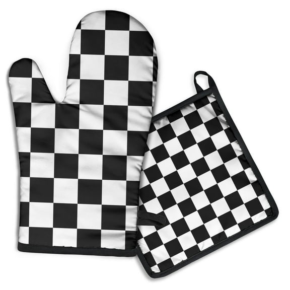 Black and White Checkered Pattern Kitchen Oven Mitt and Pot Holder Sets 2 Pcs for Baking, Cooking and Grilling, Heat Resistant Up To 392 °F