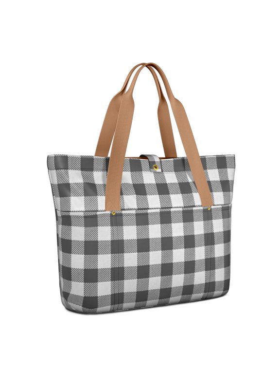 Black and White Checkered Pattern Large Tote Bag for Women, Polyester Roomy Carryall with Pockets and Zipper, Lightweight Gifts Ideas for Women Men