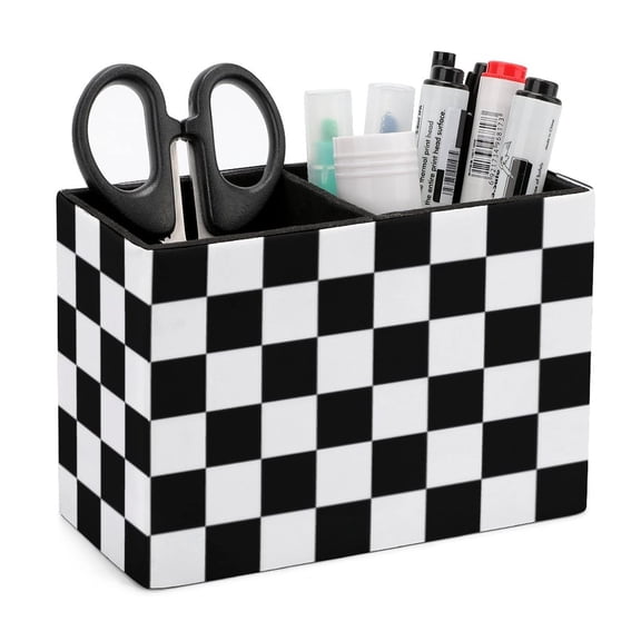 Black and White Checkered Pen Holder Storage Box with Two Compartments Leather Desktop Organizer