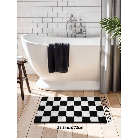 Black and White Checkered Plush Bath Mat