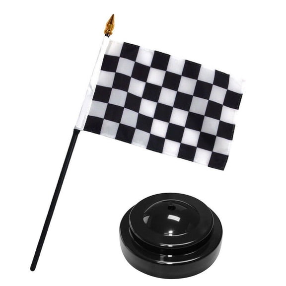 Black and White Checkered Racing Flag 4"x6" Desk Set Table Stick Black Base