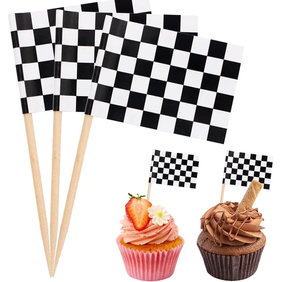 Black and White Checkered Racing Flag Toothpick Cake Toppers Cocktail Food Decorations for Celebration Party Supplies