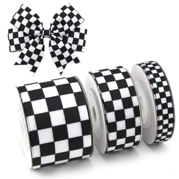 Black and White Checkered Ribbon Printed Racing Car Theme for DIY Crafts Wreath 3 Rolls