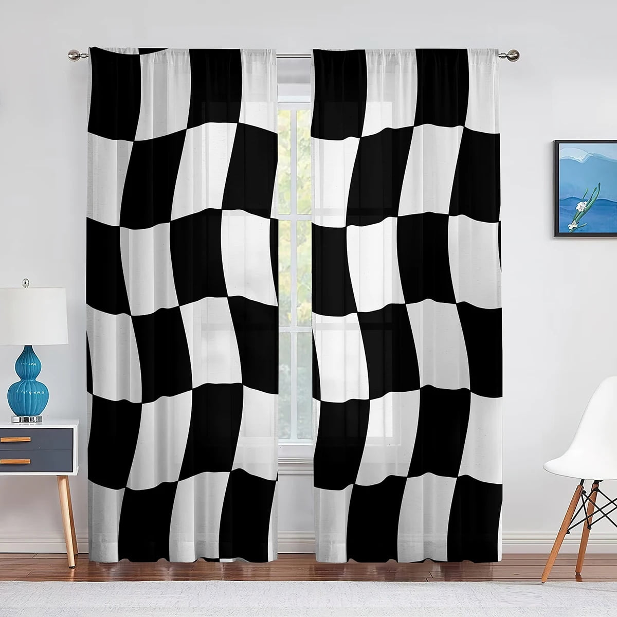 Black and White Checkered Sheer Voile Curtain for Living Room Bedroom