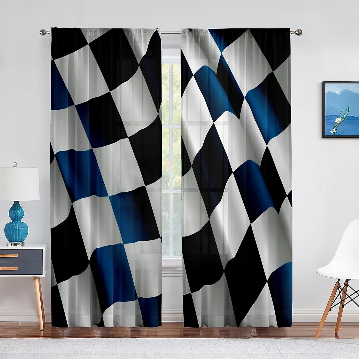 Black and White Checkered Sheer Voile Curtain for Living Room Bedroom