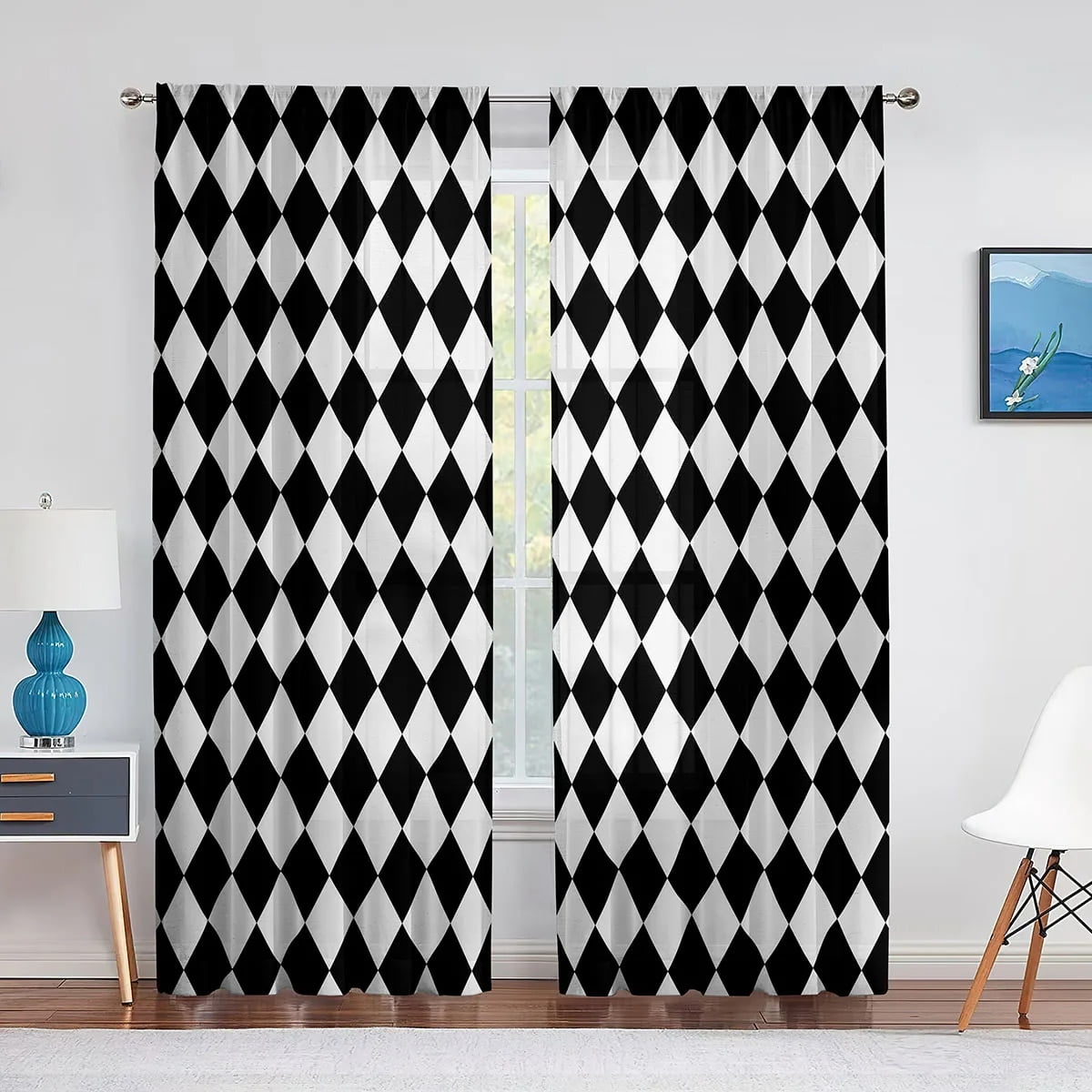 Black and White Checkered Sheer Voile Curtain for Living Room Bedroom