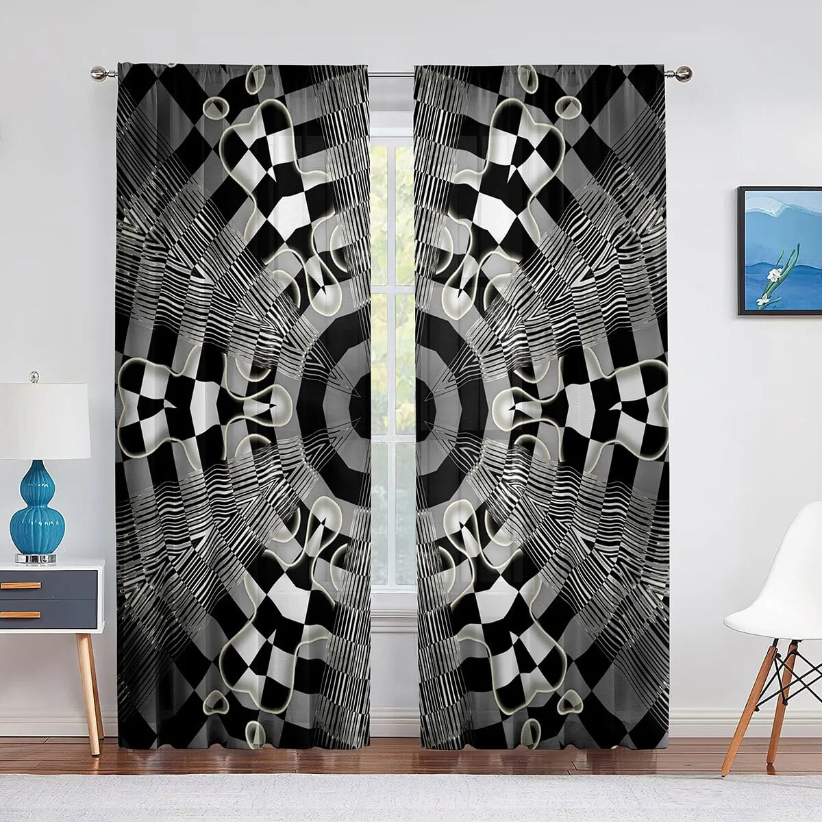 Black and White Checkered Sheer Voile Curtain for Living Room Bedroom