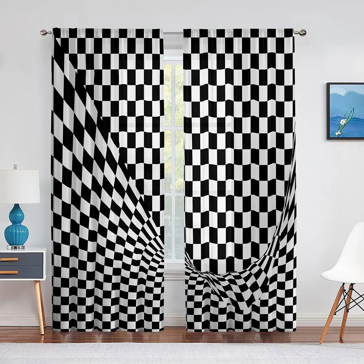 Black and White Checkered Sheer Voile Curtain for Living Room Bedroom