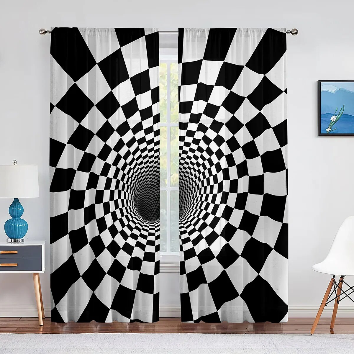 Black and White Checkered Sheer Voile Curtain for Living Room Bedroom