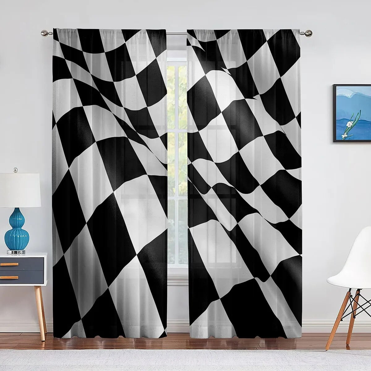 Black and White Checkered Sheer Voile Curtain for Living Room Bedroom