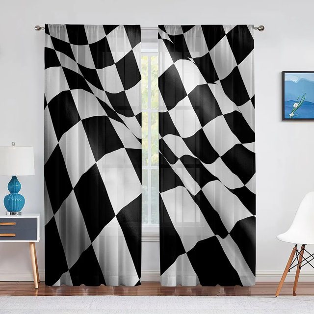 Black and White Checkered Sheer Voile Curtain for Living Room Bedroom ...