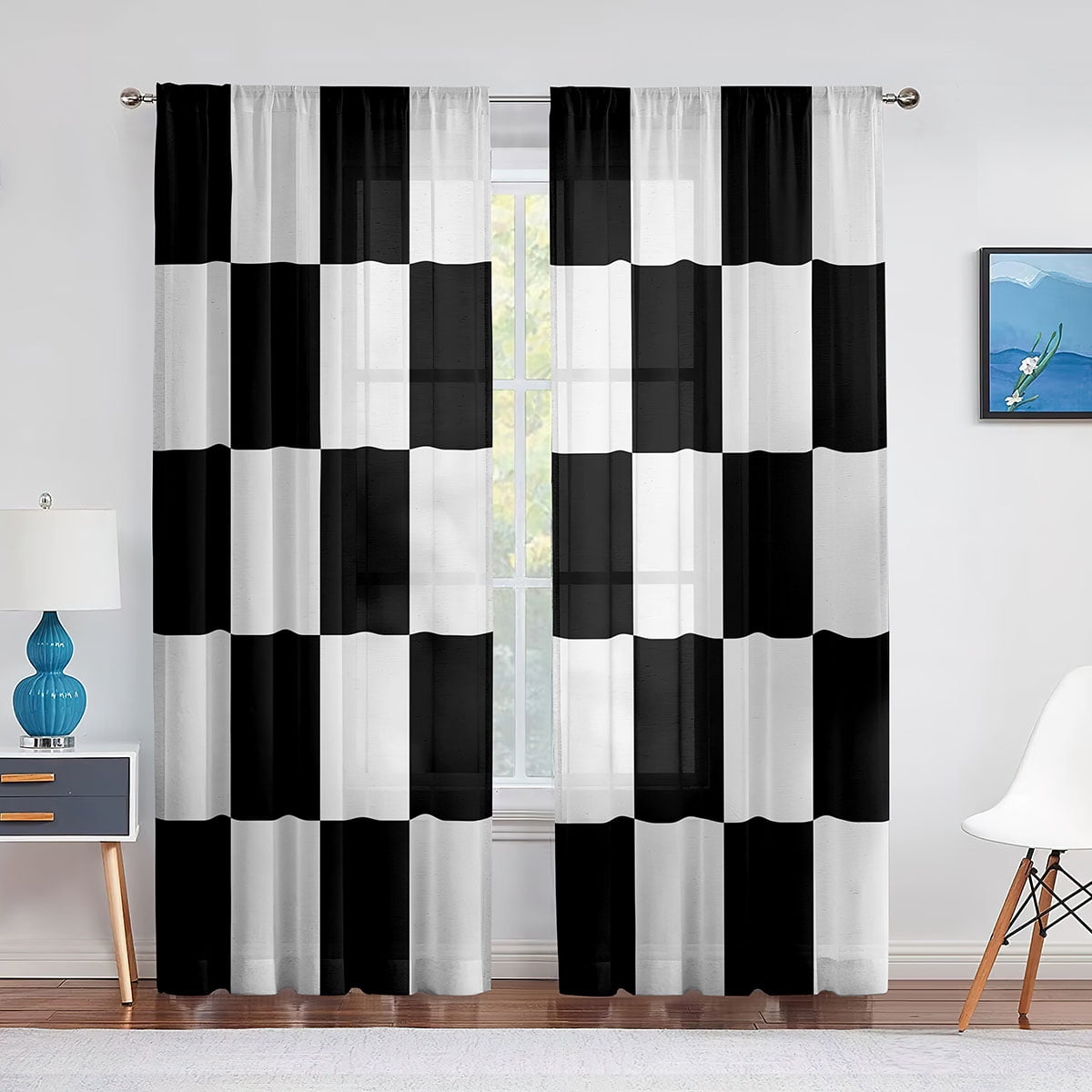 Black and White Checkered Sheer Voile Curtain for Living Room Bedroom ...
