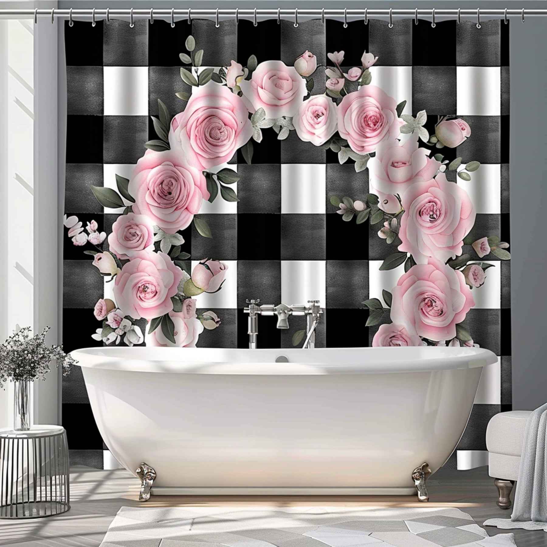 Black and White Checkered Shower Curtain with Pink Floral Design ...
