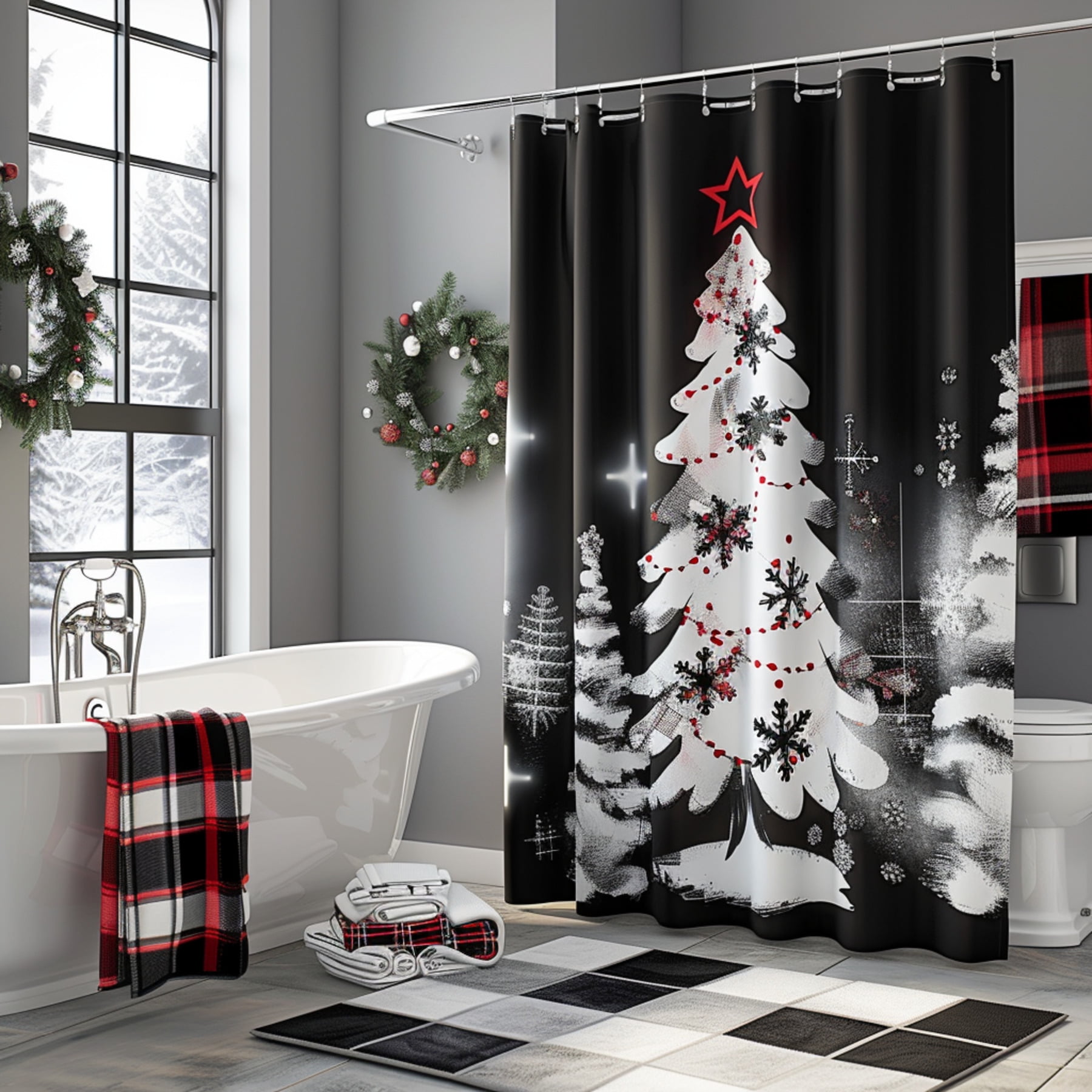 Black and White Christmas Tree Shower Curtain with Red Accents Modern ...
