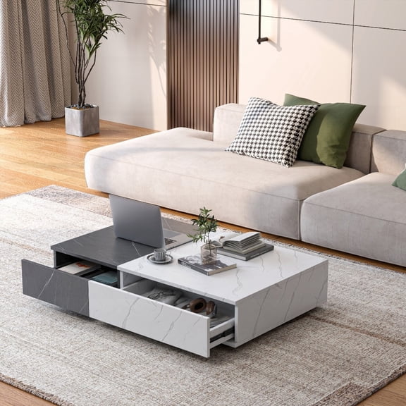 Black and White Coffee Table with Two Storage Spots and Marble Finish