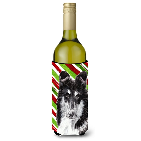 Black and White Collie Candy Cane Christmas Wine Bottle Hugger