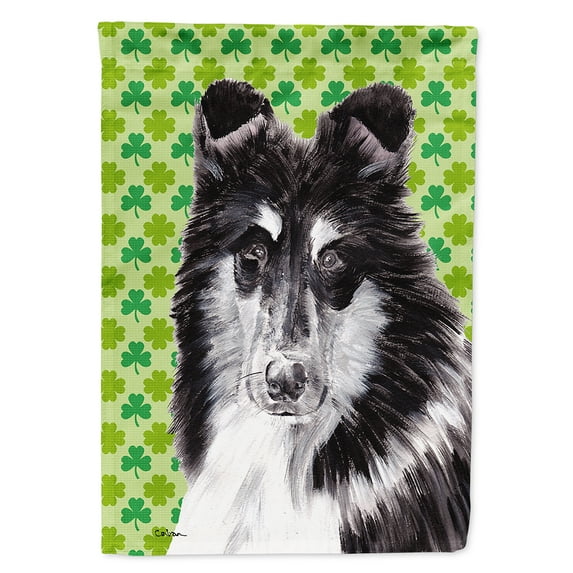 Black and White Collie Lucky Shamrock St. Patricks Day Garden Flag