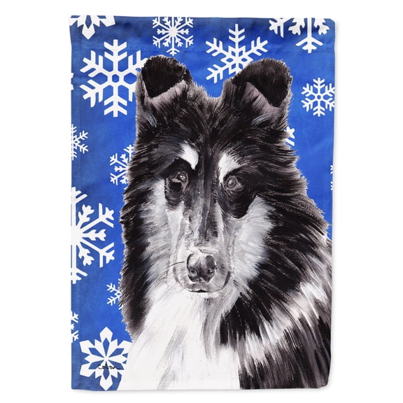 Black and White Collie Winter Snowflakes House Flag
