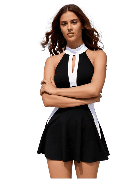 Women's One Piece Swimdress Halter Colorblock Tummy Control for Beach Pool Black White