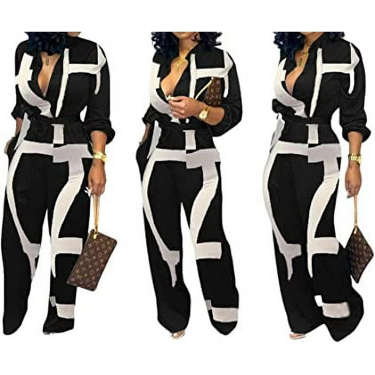Black and White Color block Long Sleeve Jumpsuit Wide Leg Long Pants Romper Overalls