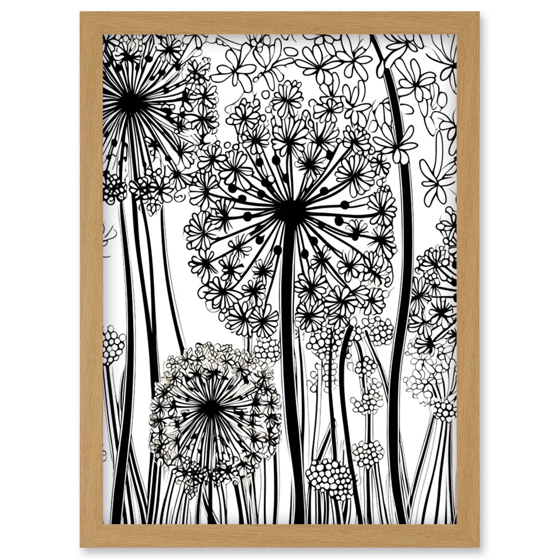 Black and White Contour Folk Art Allium Flowers Artwork Framed Wall Art  Print A4