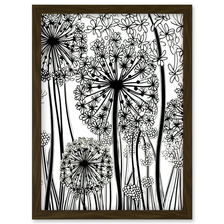 Black and White Wild Flower Contour Pattern Framed Wall Art Print