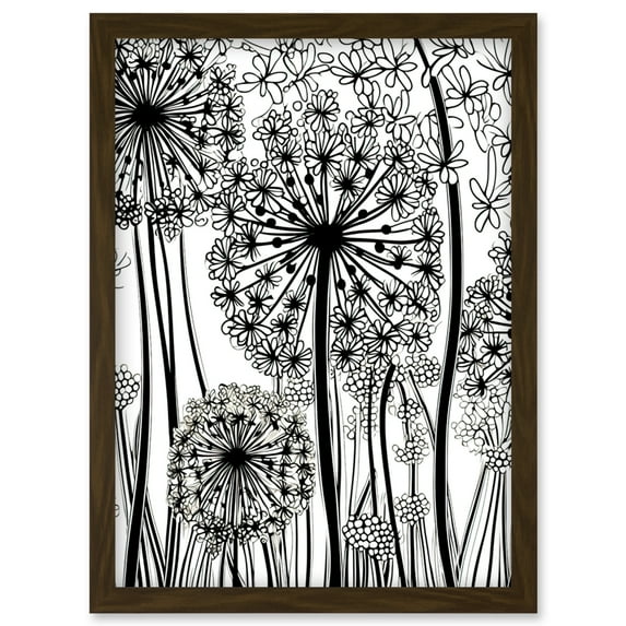 Black and White Contour Folk Art Allium Flowers Artwork Framed Wall Art Print A4