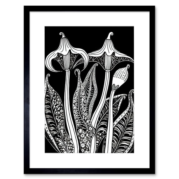 Black and White Contour Folk Art Arisaema Flowers Artwork Framed Wall Art Print 9X7 Inch