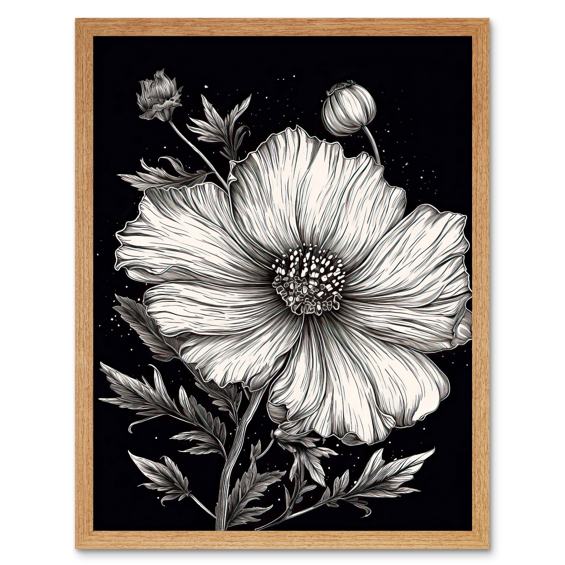 Black and White Cosmos Flower and Starry Night Sky Art Print Framed Poster  Wall Decor 12x16 inch