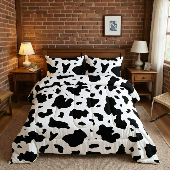 Psoiuetr Black and White Cow Comforter Set Full Size Wild Animal Farmhouse Rustic Cowhide Bedding Sets with 2 Pillowcases for Kids Teens Boys Girls 3 Pieces