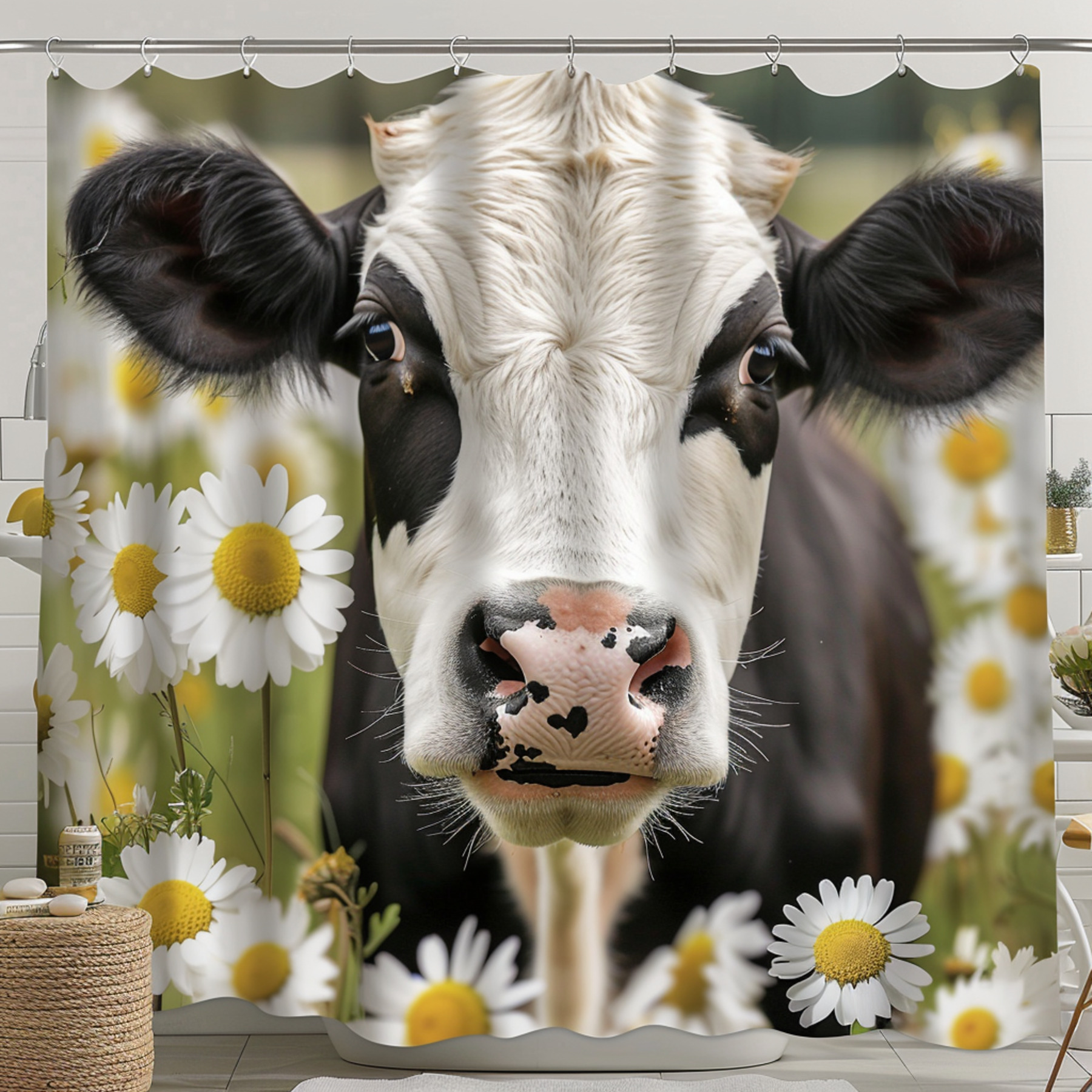 Black and White Cow Shower Curtain with Daisies Cute Farm Animal
