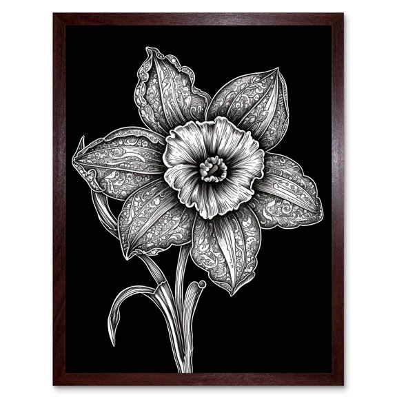 Black and White Daffodil with Batik Style Petals Art Print Framed Poster Wall Decor 12x16 inch