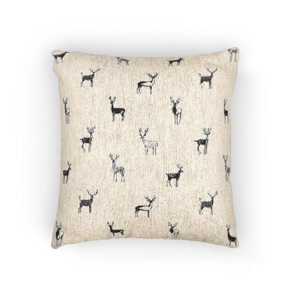 Black and White Deer Silhouette Pattern Woven Pillow, 17 x 18 in, Cotton-Polyester Shell for Rustic Home Decor