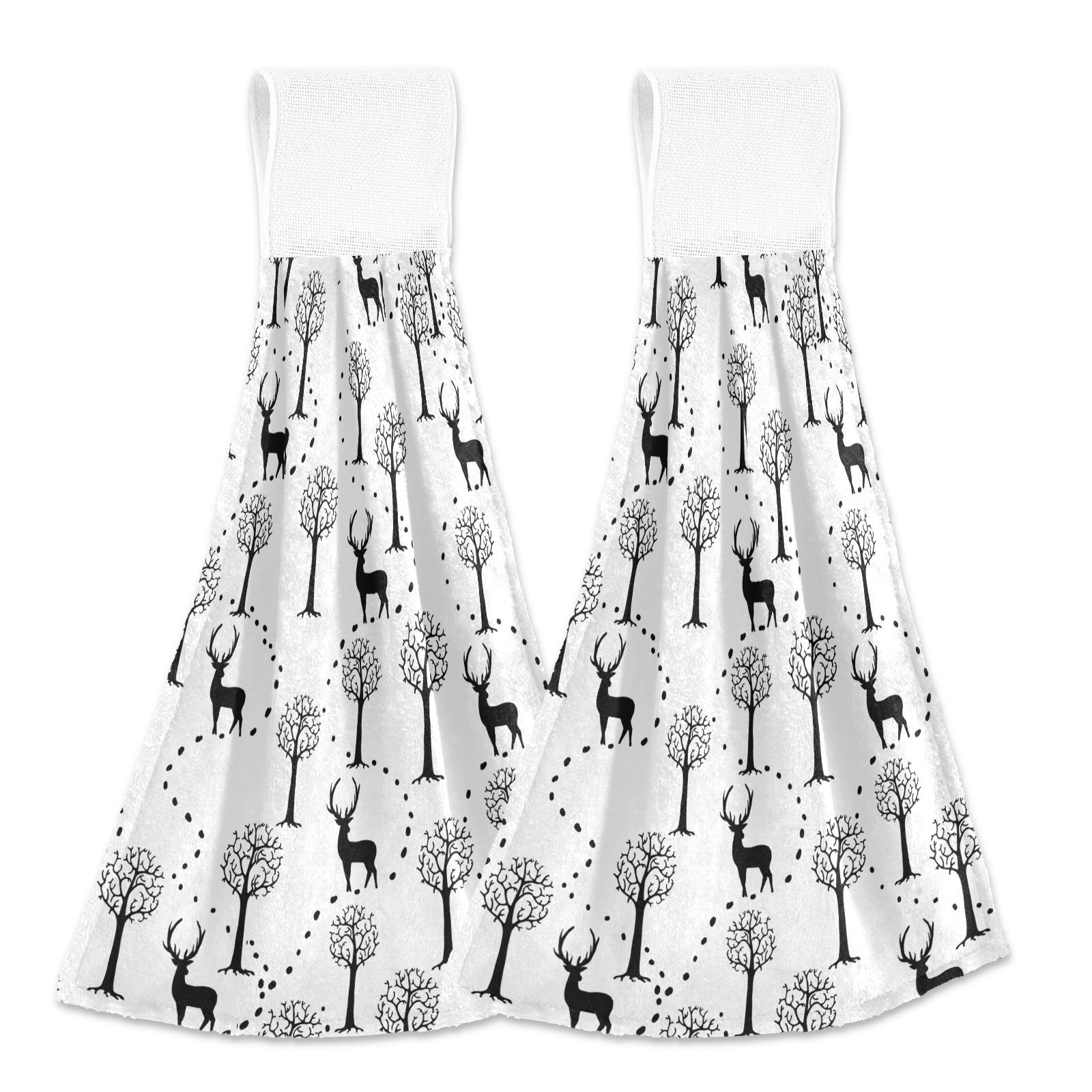 Black and White Deers Tree 2pcs Loop Hanging Bathroom Hand Towel Soft