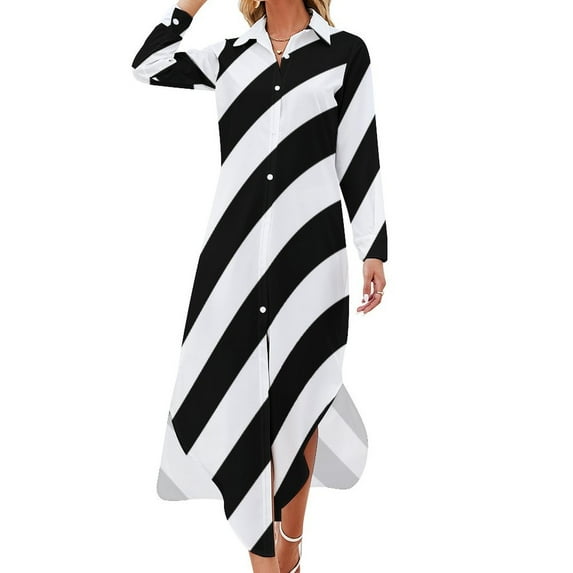Black and White Diagonal Stripe Pencil Skirt Long Sleeved Shirt Dress Dresses gala Women's summer dress Women's clothing