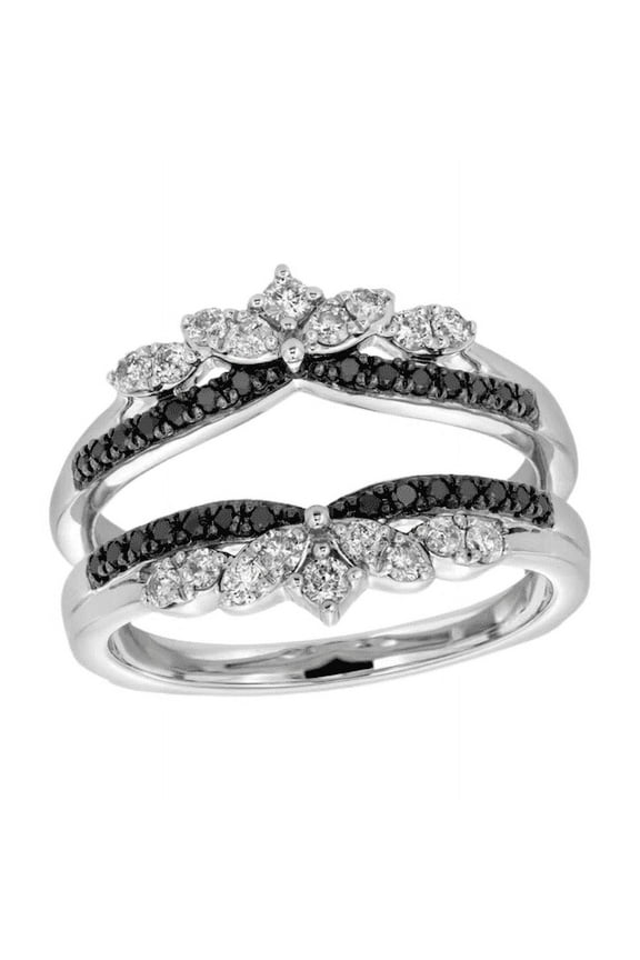 Black and White Diamond Leaf Solitaire Enhancer in 14K White Gold Finish - Diamond Wrap Ring Jacket - Ring For Women - Birthday Ring For Wife