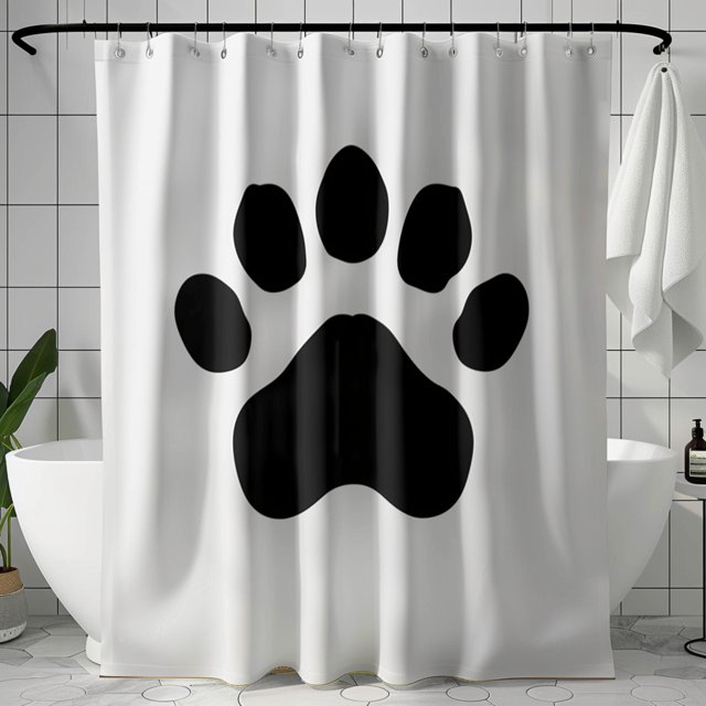 Black and White Dog Paw Print Shower Curtain Mockup Bathroom Curtain with Pet Theme White