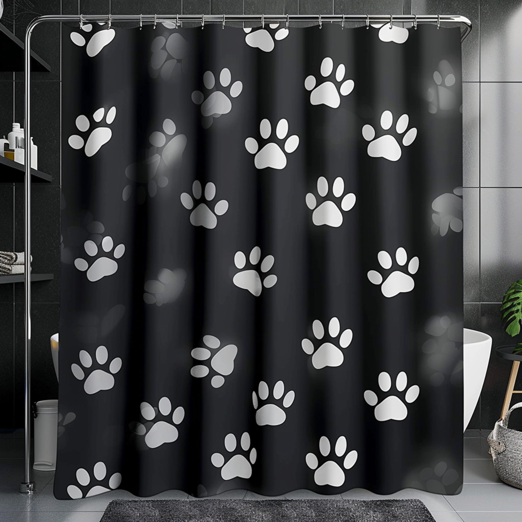 Black and White Dog Paw Print Shower Curtain with Silver Outline Design