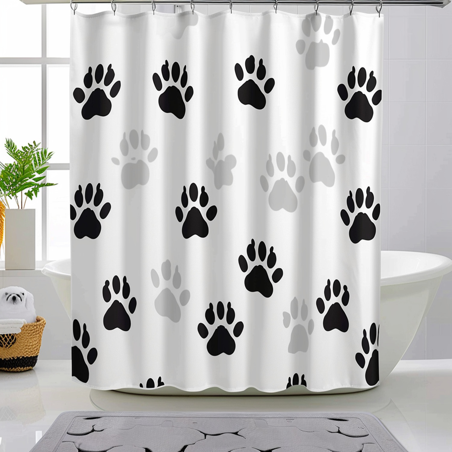Black and White Dog Paw Prints Shower Curtain with Colorful Door High Resolution Bathroom Decor