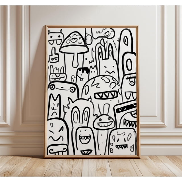 Abstract Clock Automotive Black and White Doodle Art Print Cartoon Monster Wall Art Modern Line ...