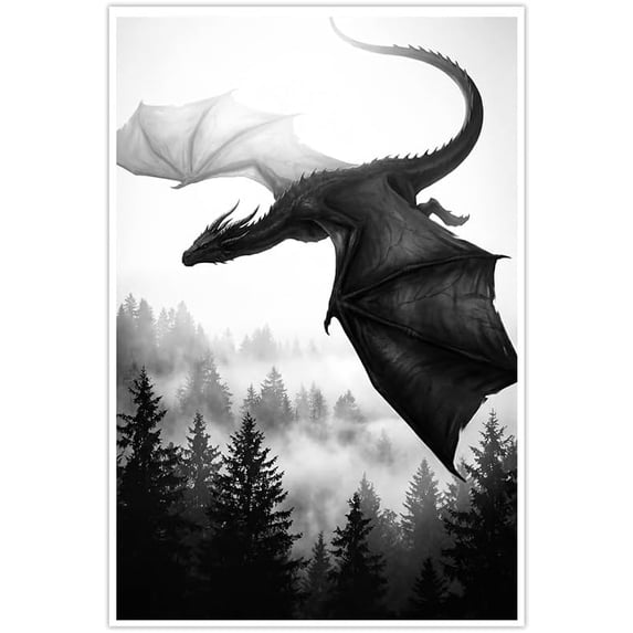 Black and White Dragon Flying Over Misty Forest Fantasy Wall Art Poster ...