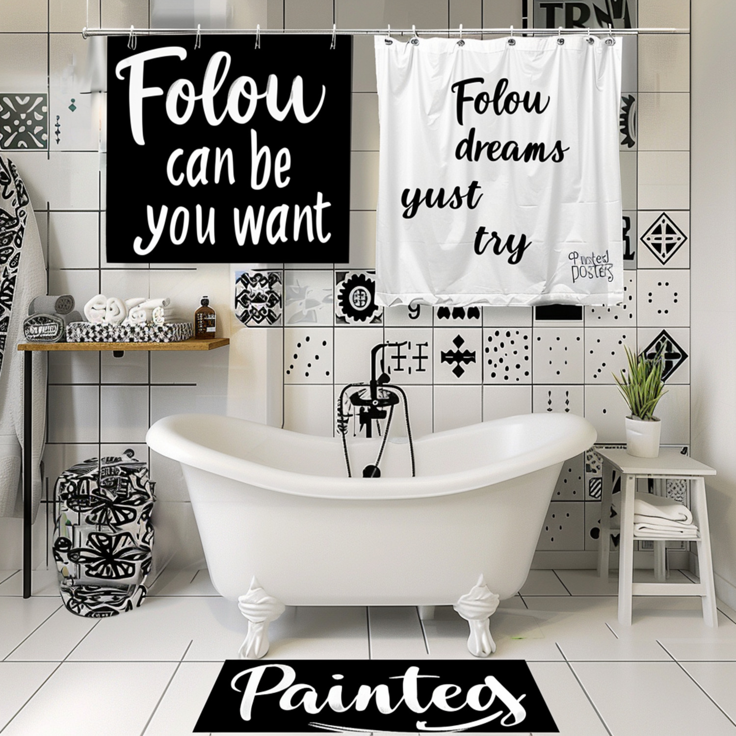 Black and White Dream Quote Shower Curtain Minimalist Bathroom Decor