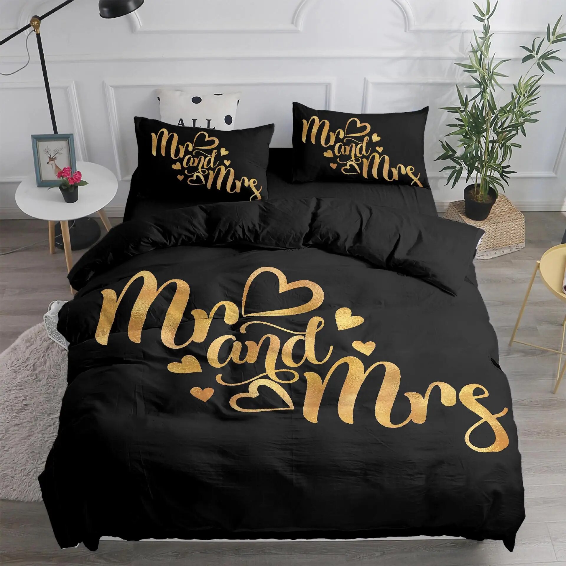 Black and White Duvet Cover Set King Full Mr and Mrs Romantic Bedding