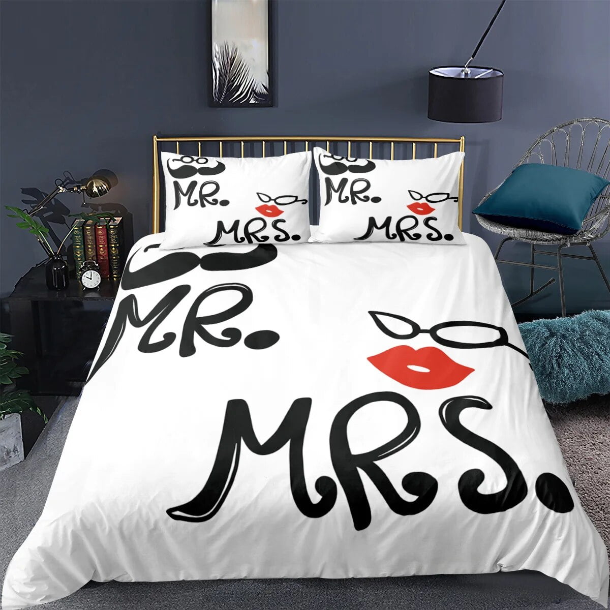 Black and White Duvet Cover Set King Full Mr and Mrs Romantic Bedding