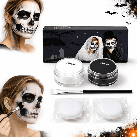 Black and White Face Body Paint Cream, 40g Halloween Costume Makeup for Skull Clown Skeleton Cosplay, Brush and 2 Puffs