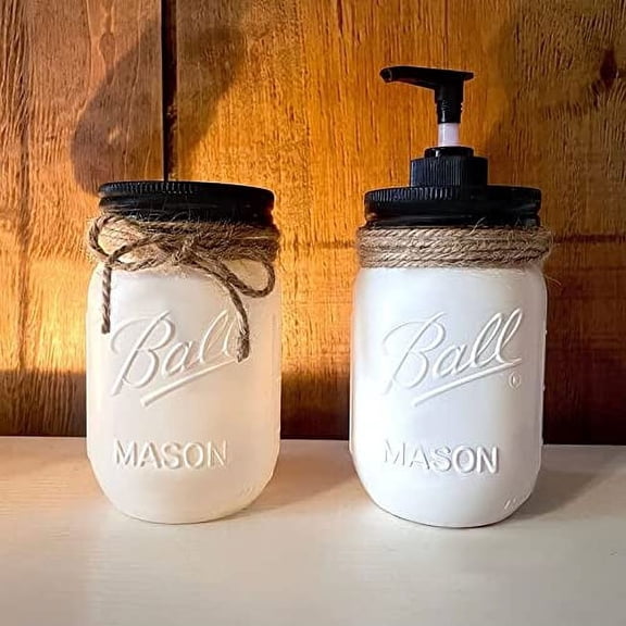 Black and White Farmhouse Mason Jar Soap Dispenser & Tooth Brush Holder, Rustic Home Decor, Country Charm Bathroom Decor, Bathroom Accessory