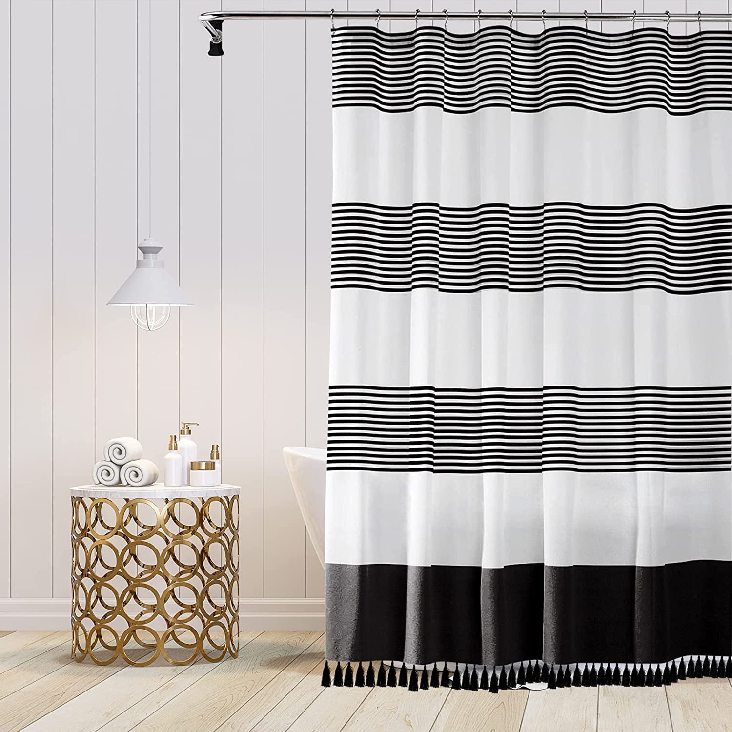 Chic Style Black and White Striped Farmhouse Shower Curtain with Tassel